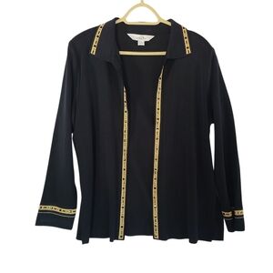 Ming Wang Black Knit Open Front Jacket Cardigan Gold Metallic Trim Size Large